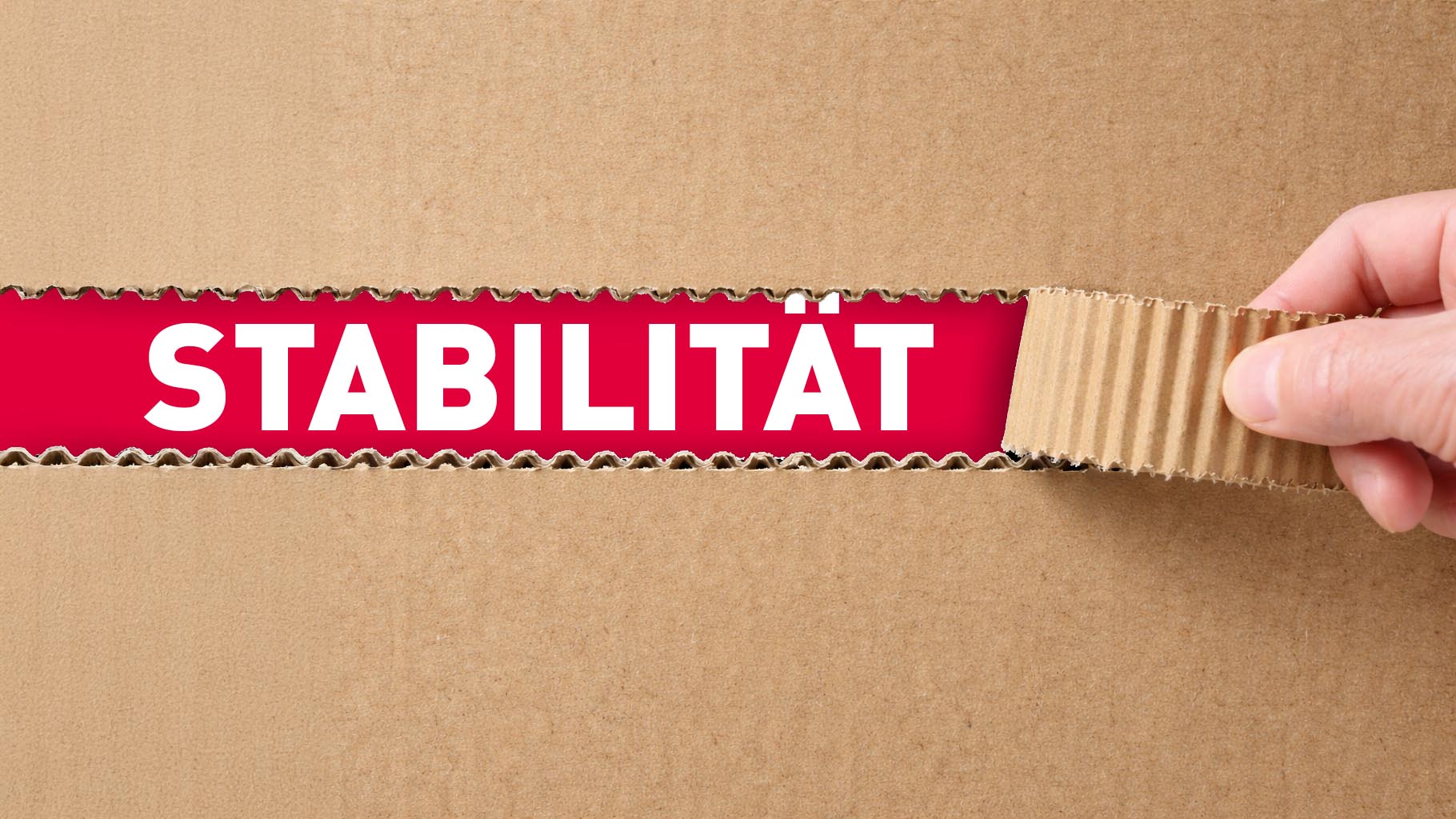 Titelbild einer Wellpappe die geradlinig aufgerissen wird, dahinter ist eine rote Fläche mit weißer Schrift wo "Stabilität" steht.