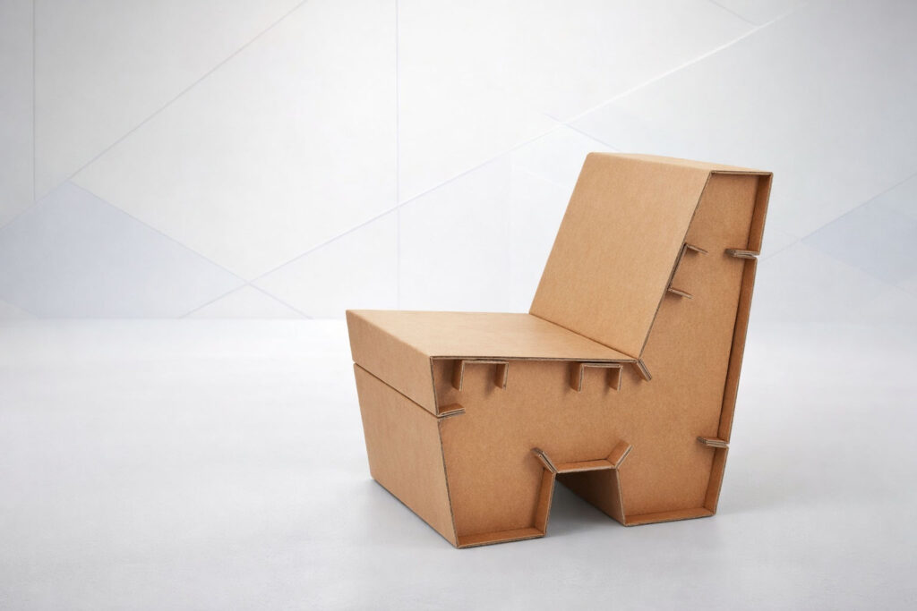 Ein stabiler Wellpappe Sessel auf weißem Hintergrund. Auch bedruckt erhältlich.