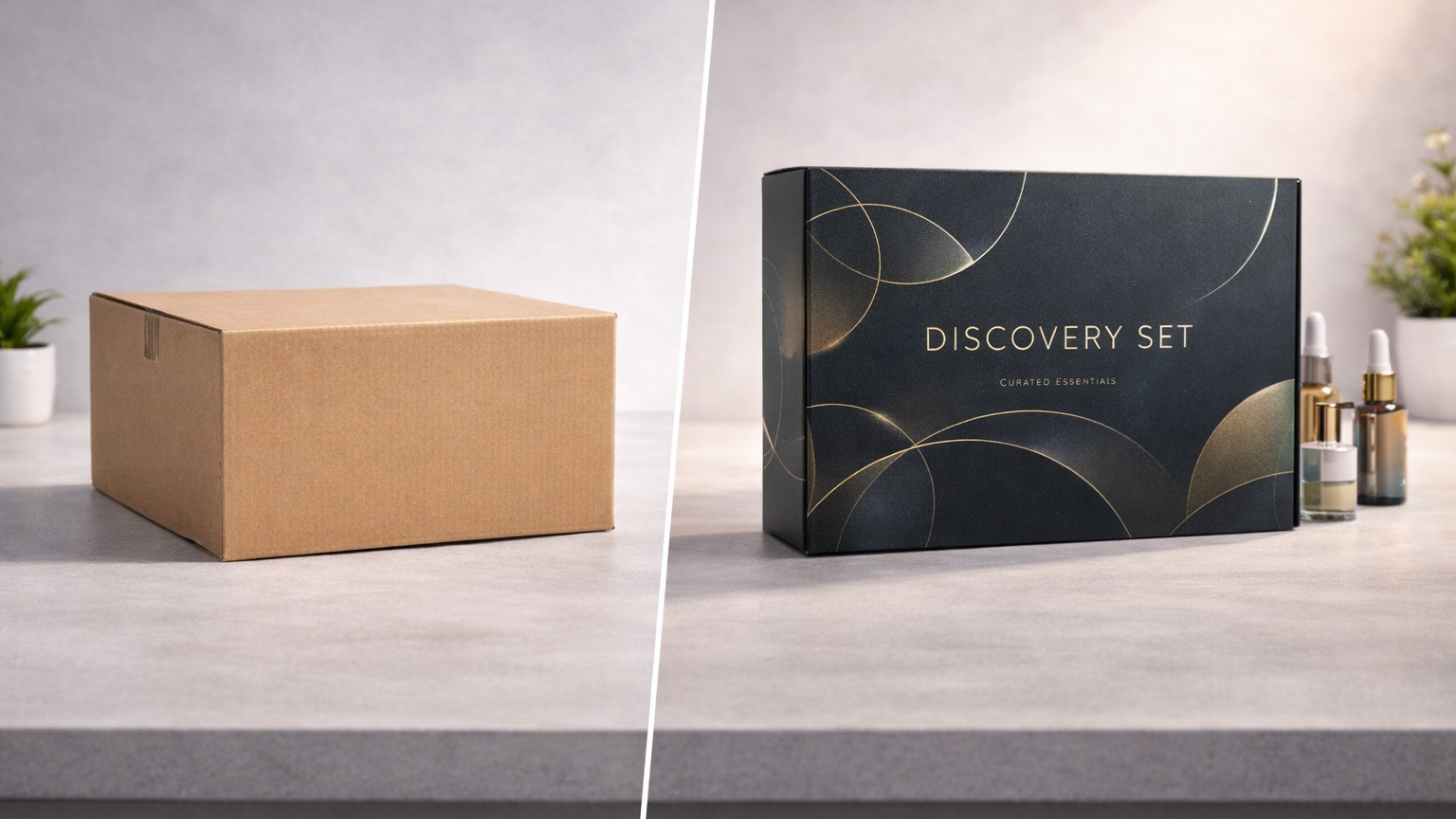 Vergleich einfache, langweilige braune Kartonverpackung links - individuelle, hochwertige Verpackung rechts